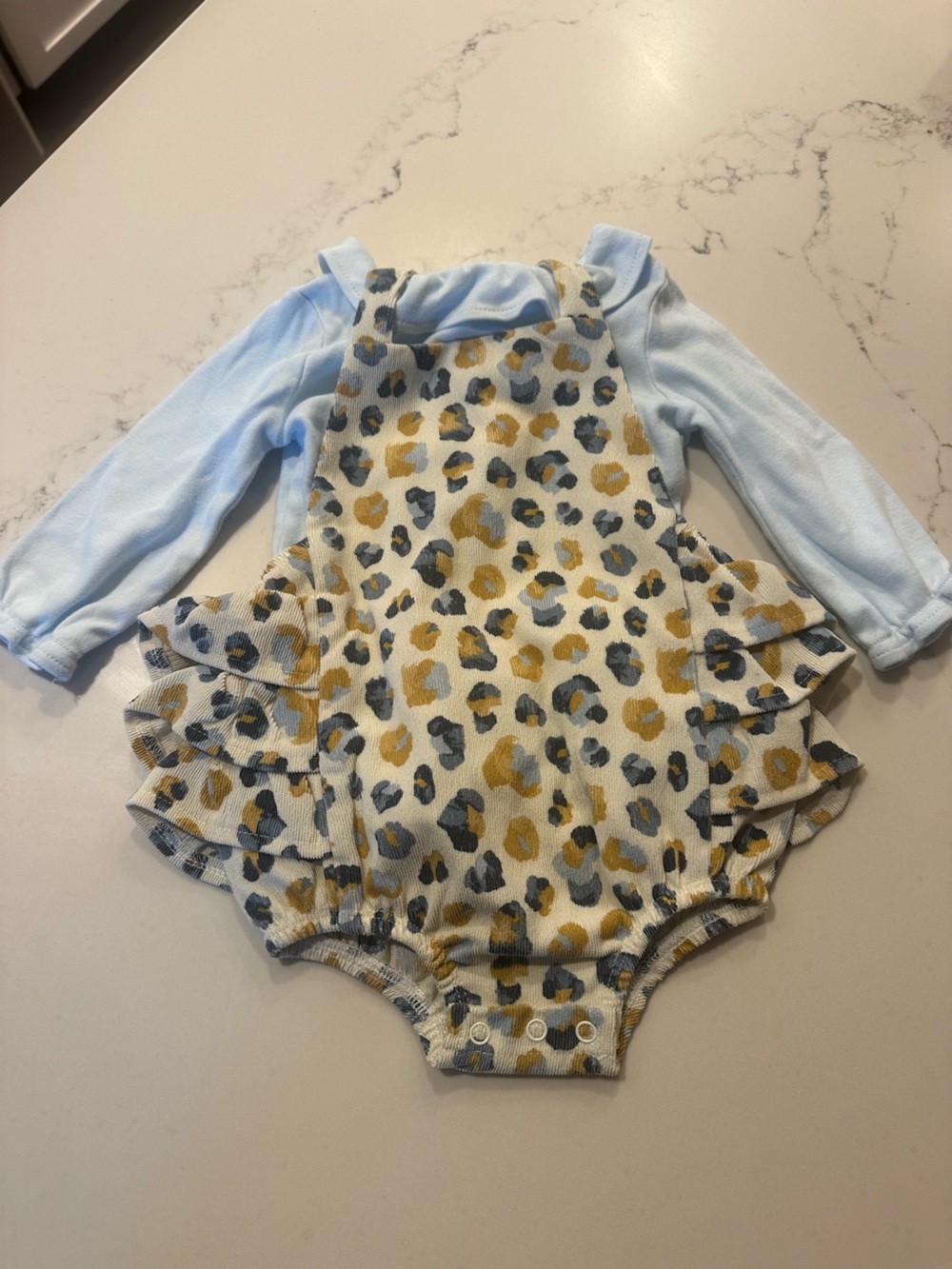Mud Pie Leopard Ruffle One-Piece with Light Blue Long Sleeves